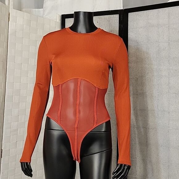 BRAND NEW LONG SLEEVES MESH INSERT HIGH NECK SOLID SHEER THONG SNAP BODYSUIT - Picture 12 of 16